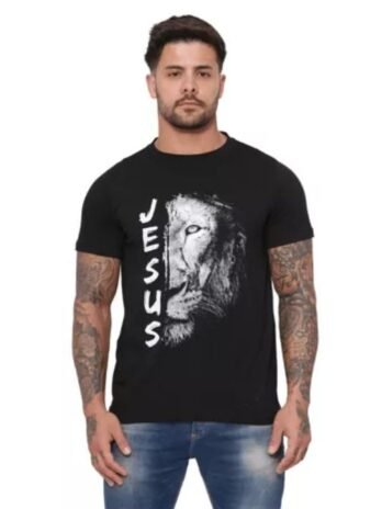 Camiseta Leão Masculina Frase Evangélica Algodão 30.1