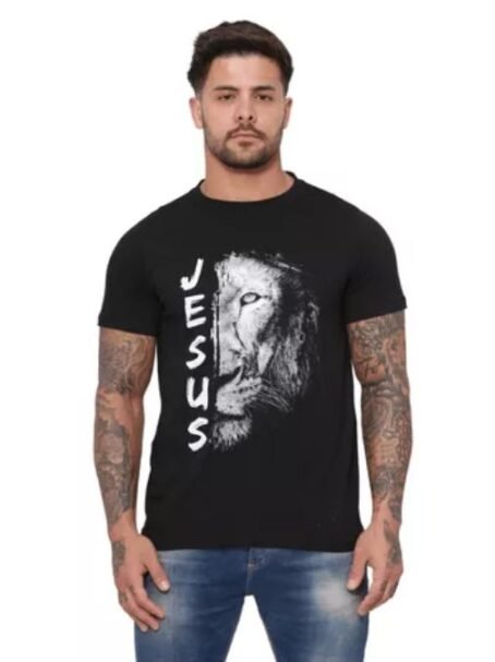 Camiseta Leão Masculina Frase Evangélica Algodão 30.1