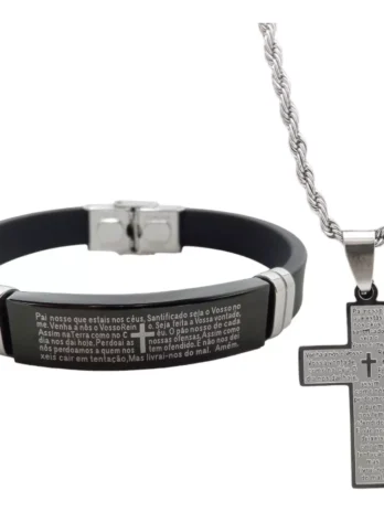 Corrente Masculina Crucifixo E Pulseira Bracelete Pai Nosso