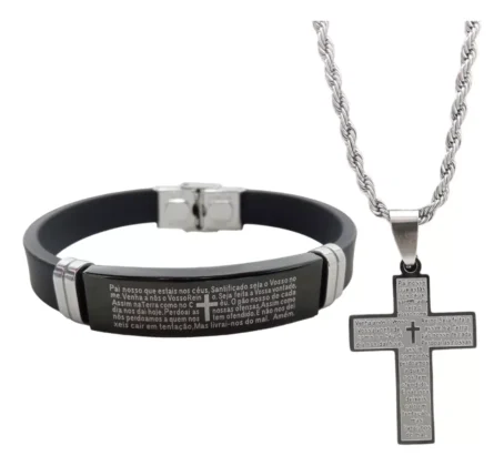 Corrente Masculina Crucifixo E Pulseira Bracelete Pai Nosso