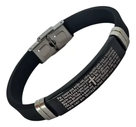 Pulseira Masculina Pai Nosso Aço Preta Bracelete Premium