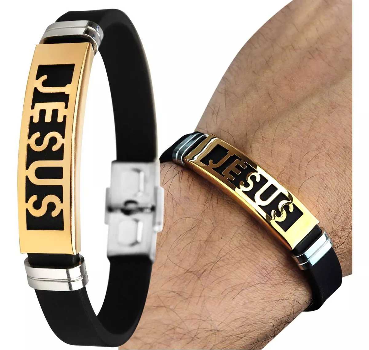 Pulseira Masculina Jesus Dourado Prata Banhado Silicone